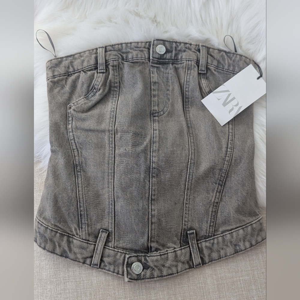 NWT Zara Corset Style Denim Top Jean Strapless Back Zip  Size S - Picture 7 of 10